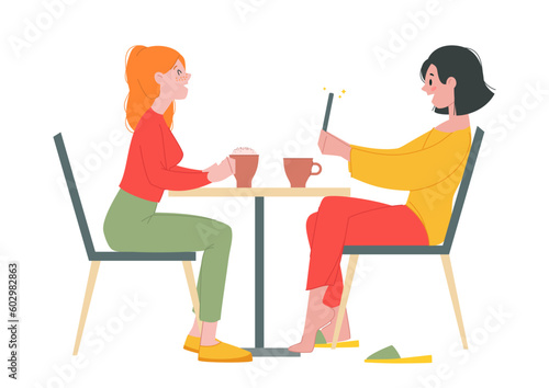 Two girls having fun in a cafe. Flat illustration of a young woman taking photo of her girl friend isolated on a white background. Vector 10 EPS.  © slybrowney