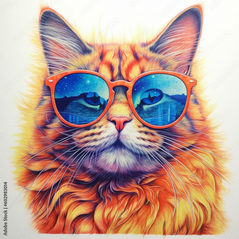 realistic cat in sunglasses made in pencil on a white background