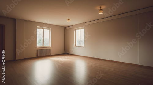 Empty room with window and parquet floor in modern house. Generative AI