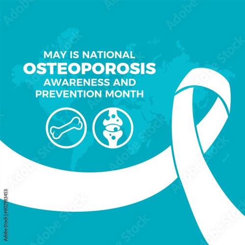May is National Osteoporosis Awareness and Prevention Month vector illustration. White awareness ribbon, human bone icon set vector. Important day