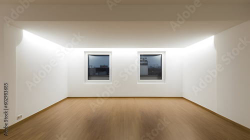 Clean empty room with two windows and parquet floor. Generative AI