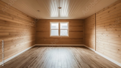 Interior of a room with wooden walls and wooden floor. Generative AI