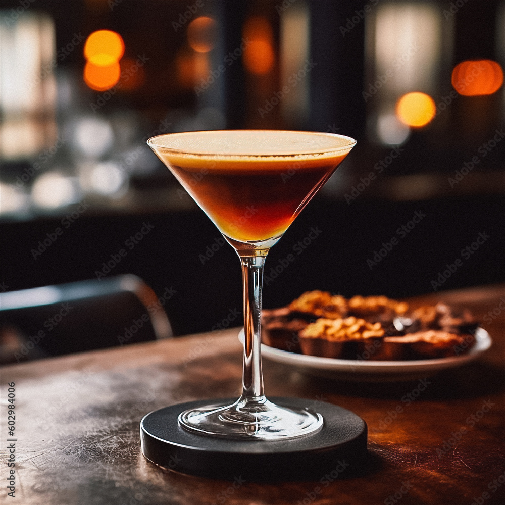 Espresso Martini cocktail in a dimly lit bar, moody atmosphere, cosy