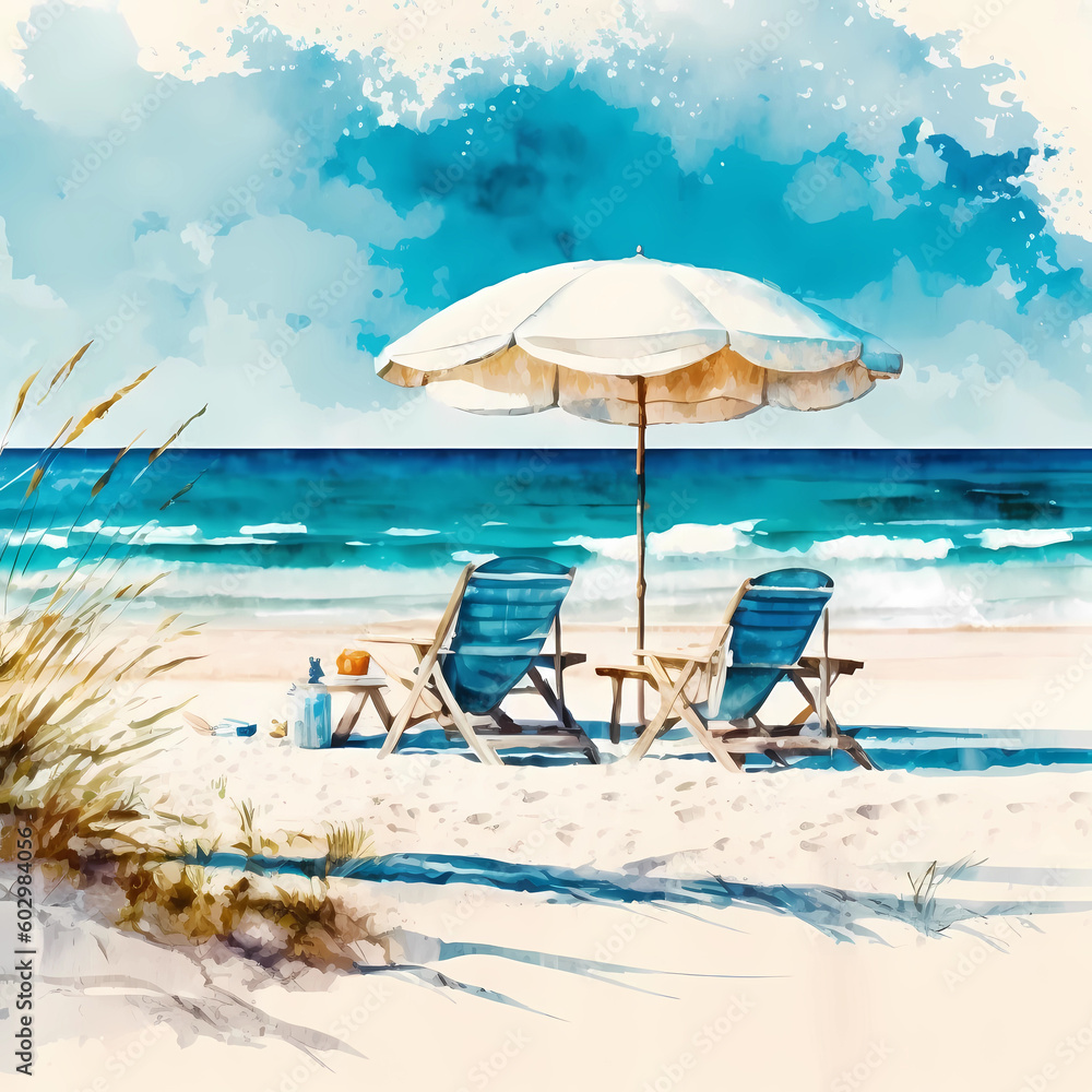 Watercolor shore with chairs for art design banner