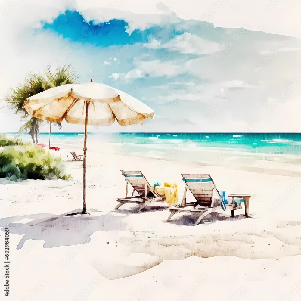 Beautiful beach landscape with chairs for art design banner