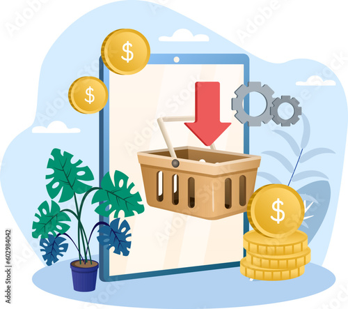 Purchasing management illustration. Cart, gear, coin, plant, arrow. Editable vector graphic design.