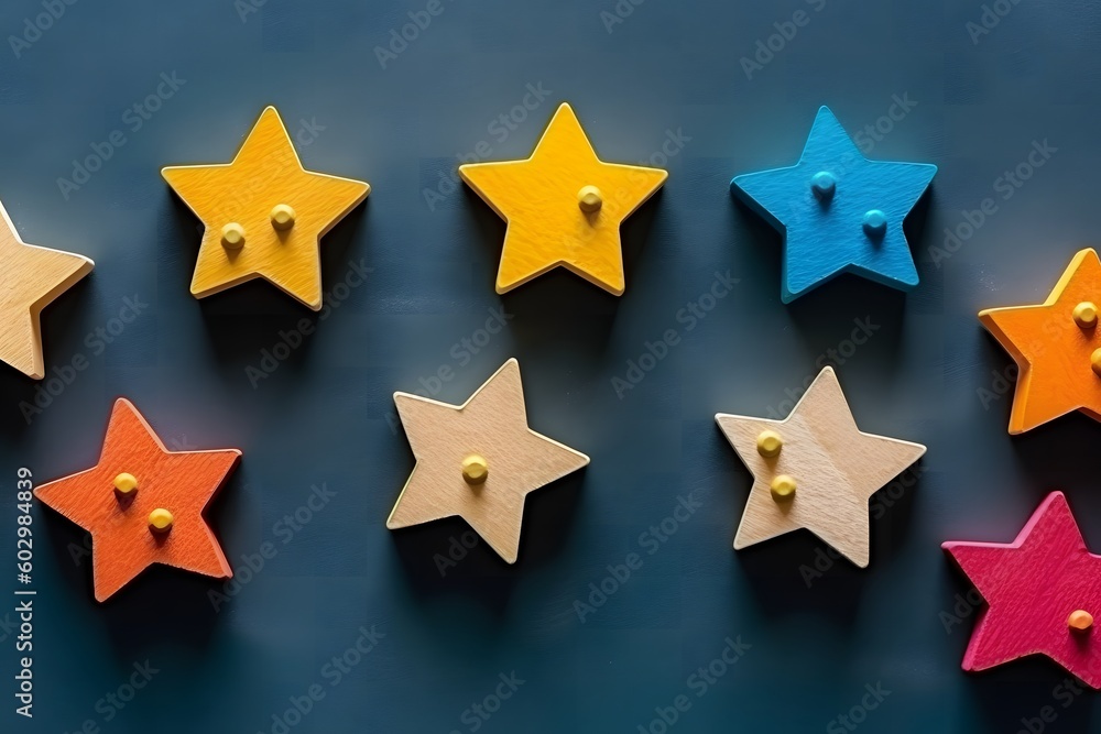 Fototapeta premium A concept image of customer experience ratings with stars, feedback, and reviews. Surveys are important tools for marketing businesses.