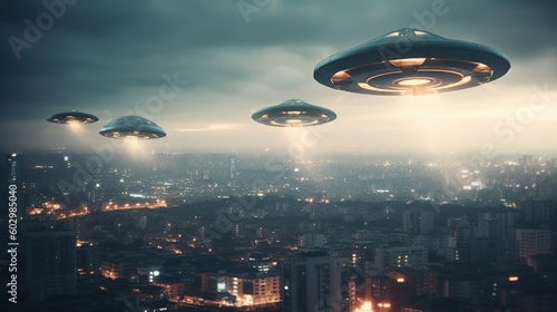 Alien invasion scene on big city background. UFO like a big flying saucers over megapolis cityscape. Outdoor urban backdrop. AI generative image.