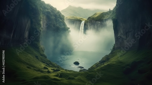 Stunning view on beautiful big waterfall in the mountains with mist and copy space. Amazing landscape. Outdoor nature background. AI generative image.