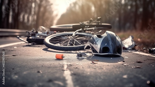 Bicycle crash road accident with broken bike and helmet. City background. Dramatic incident illustration. Banner with copy space. AI generative image.