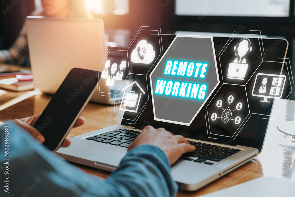 Remote working and work from anywhere concept, Business woman working on laptop computer with remote working icon on virtual screen. Remote working and work from anywhere concept, Business woman working on laptop computer with remote working icon on virtual screen.