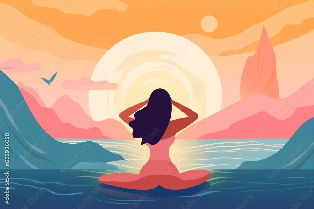 back woman person balance relaxation yoga lotus meditation sea ocean exercise. Generative AI.