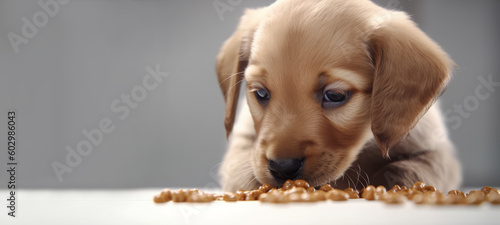 Cute Labrador puppy eating dry puppy food while sitting on a light floor in a spacious room. Food for puppies. AI-generated, pet food