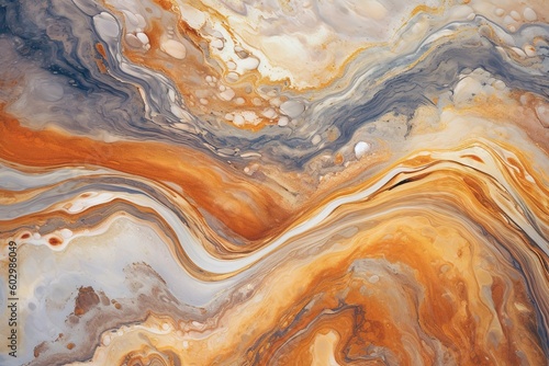 A captivating abstract background of orange and yellow tones intertwined with marbled motifs, illuminated by hints of light gold and gray swirling colors, generative ai beautiful art