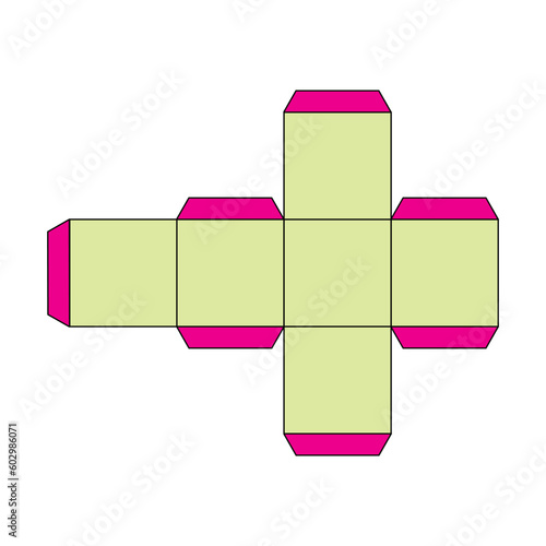 model for building a yellow 3D cube. Paper box template. trim scheme isolated on white.
