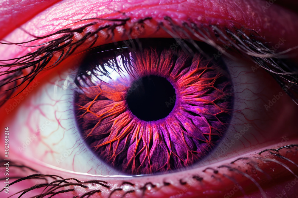 Closeup macro shot of purple duotone heterochromia eye iris pupil, hyper detailed, ai generated