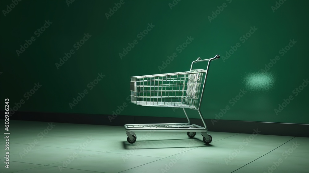 Empty shopping cart trolley in front of shopping mall with blank copy space. Grocery empty cart on green wall background. Generative AI
