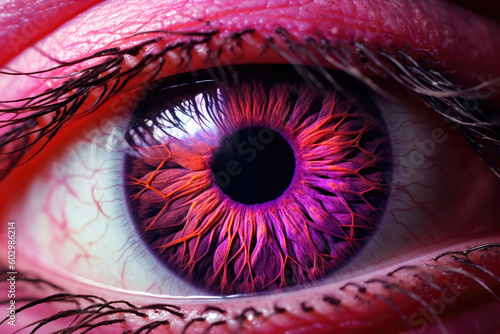 Closeup macro shot of purple duotone heterochromia eye iris pupil, hyper detailed, ai generated © MBL