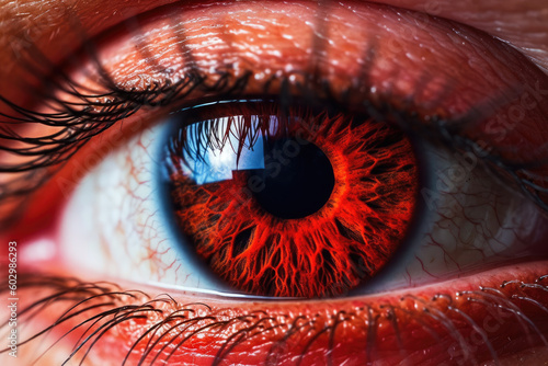 Closeup macro shot of red heterochromia eye iris pupil, hyper detailed, ai generated © MBL