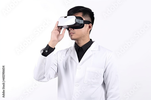 Male asian doctor wearing virtual reality glasses isolated on white bright background. Innovative technologies. Generated Ai