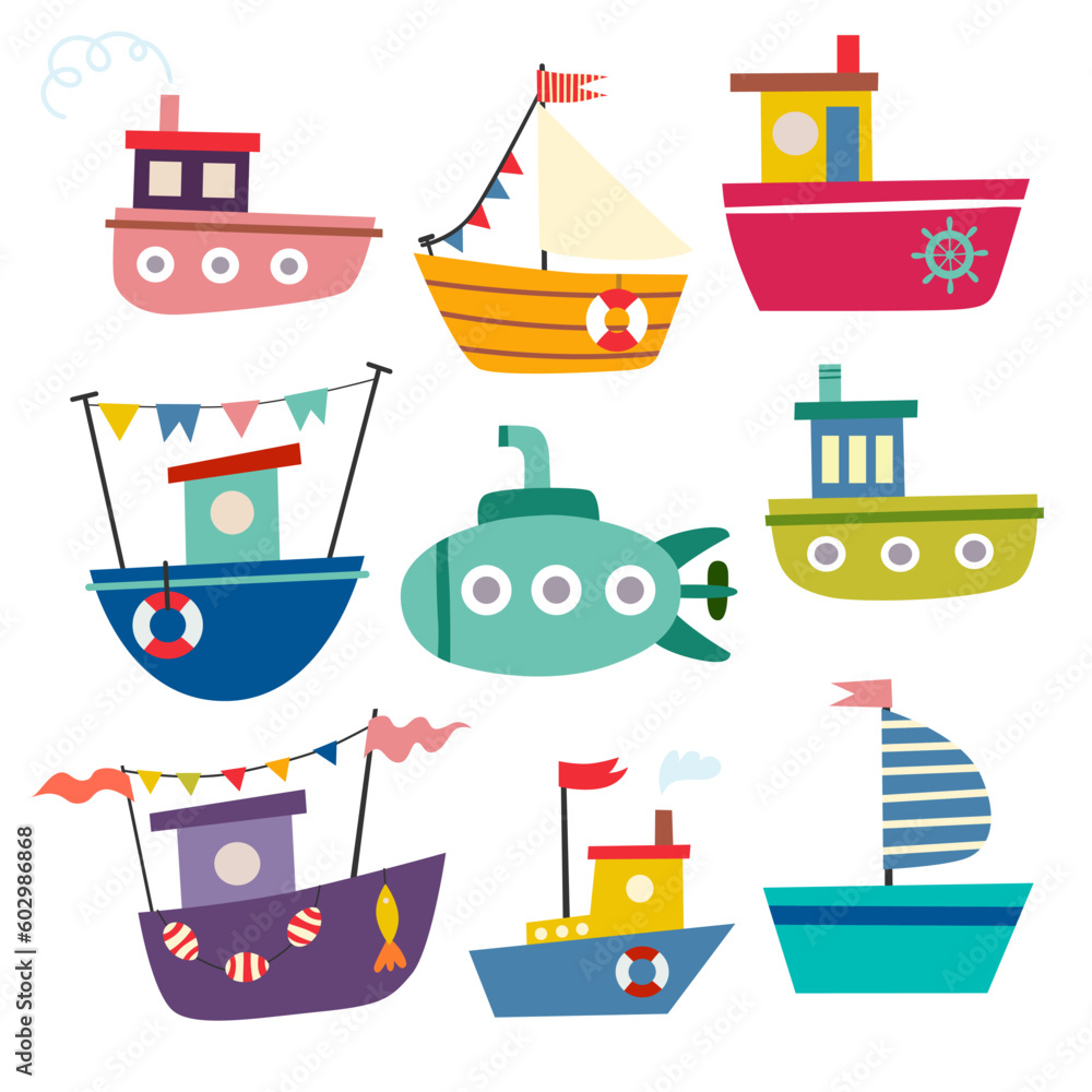 Boat set, vector illustration in cute flat design.