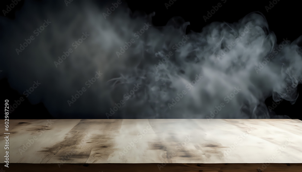 room with floor, float up on dark wall background. Free space for your decoration, Dark empty wooden table with smoke, wallpaper.