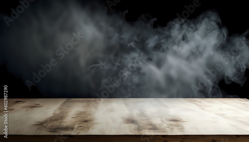 room with floor, float up on dark wall background. Free space for your decoration, Dark empty wooden table with smoke, wallpaper.