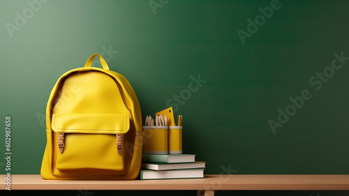 Yellow school bag with books and accessory on empty green chalkboard. Back to school concept background