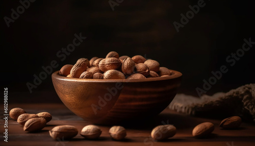 Healthy nuts in a rustic burlap bowl generated by AI