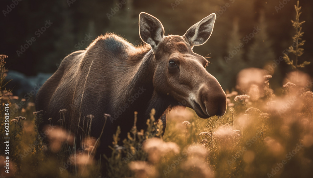 Fototapeta premium Cute young goat grazing in green meadow generated by AI