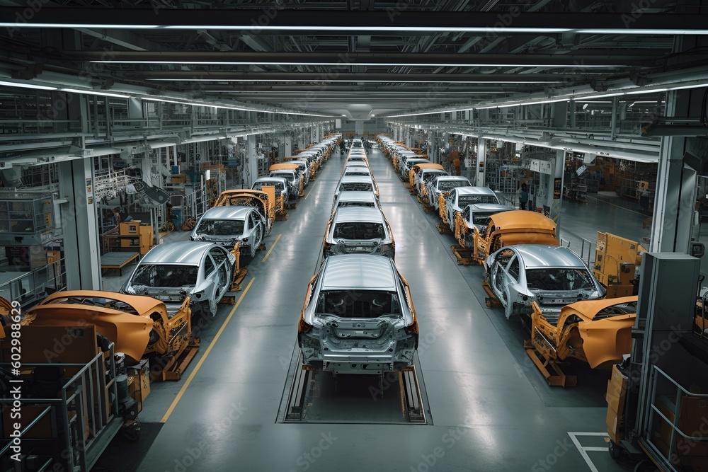 Photo of a large manufacturing plant producing cars - Generative AI