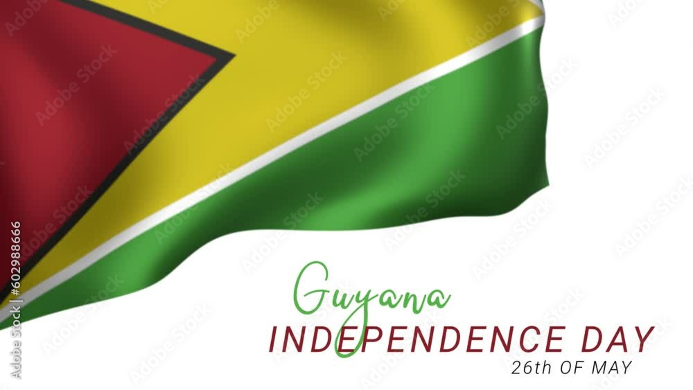 Guyana independence day animation with flag of Guyana on National holiday. Guyanan realistic wavy flag in 26th of May national patriotic holiday horizontal design animation. Guyana independence day animation with flag of Guyana on National holiday. Guyanan realistic wavy flag in 26th of May national patriotic holiday horizontal design animation.