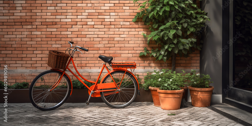 Interior mockup with classic bicycle with wicker basket on red brick wall background, floor flower pots. Courtyard exterior template. Generative ai