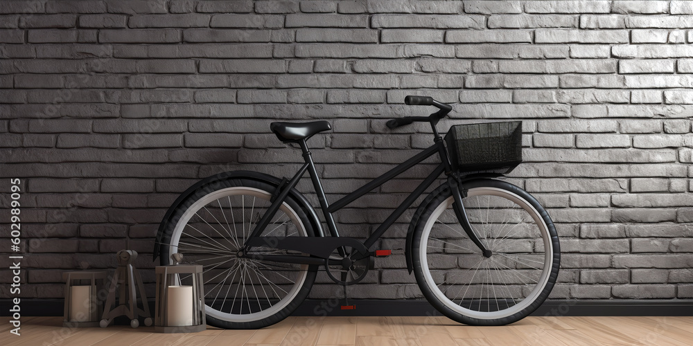 Interior mockup with classic bicycle with wicker basket on brick wall background. empty template for outdoor ads,banner. Generative ai
