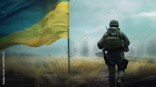 ukrainian at war soldier walking in the field, ukrainan flag