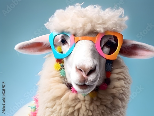Fashionable sheep with eyeglasses. AI generated © May Thawtar