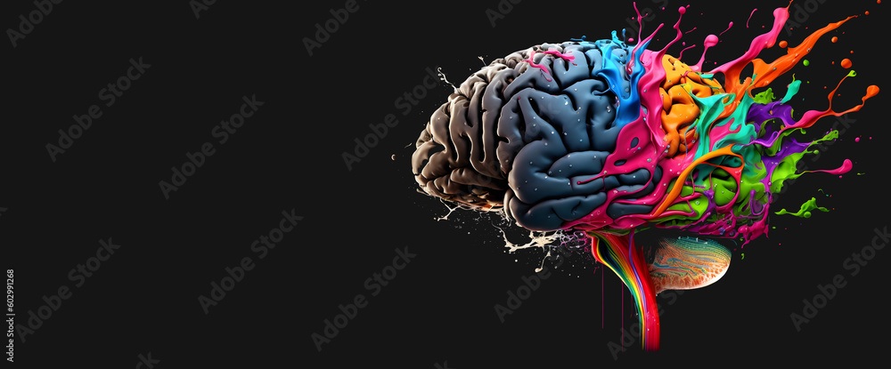 Human brain, colorful paint splashes and drops. AI generated - obrazy, fototapety, plakaty 