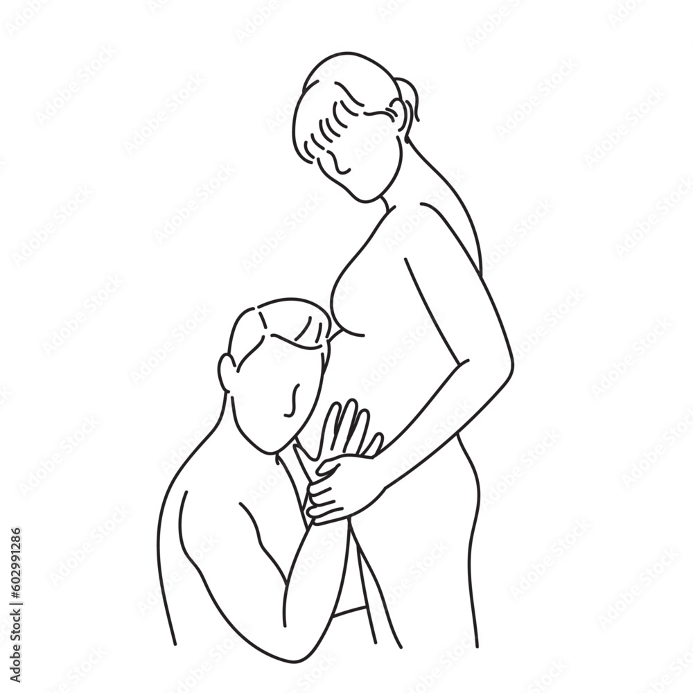 Pregnant woman with her husband. Vector illustration. Continuous line art vector drawing.