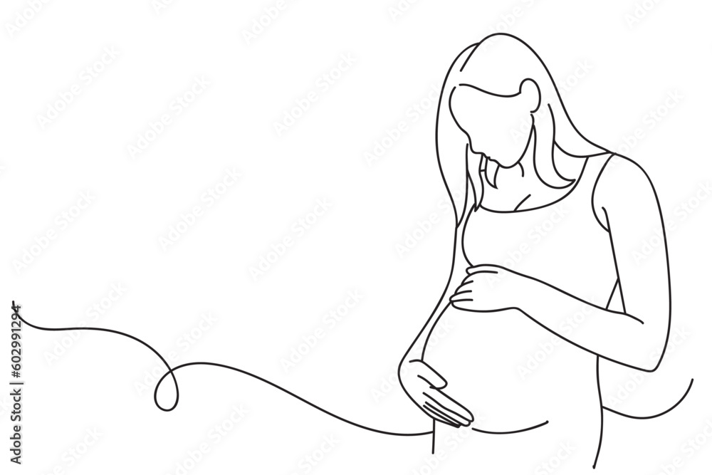 Continuous line art drawing of pregnant woman touching her belly. Maternity Vector illustration - obrazy, fototapety, plakaty 