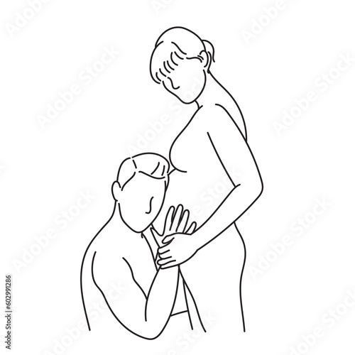 Pregnant woman with her husband. Vector illustration. Continuous line art vector drawing.