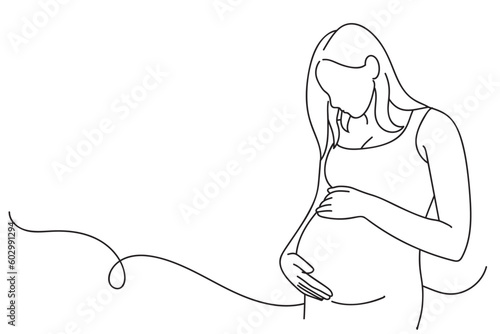 Continuous line art drawing of pregnant woman touching her belly. Maternity Vector illustration