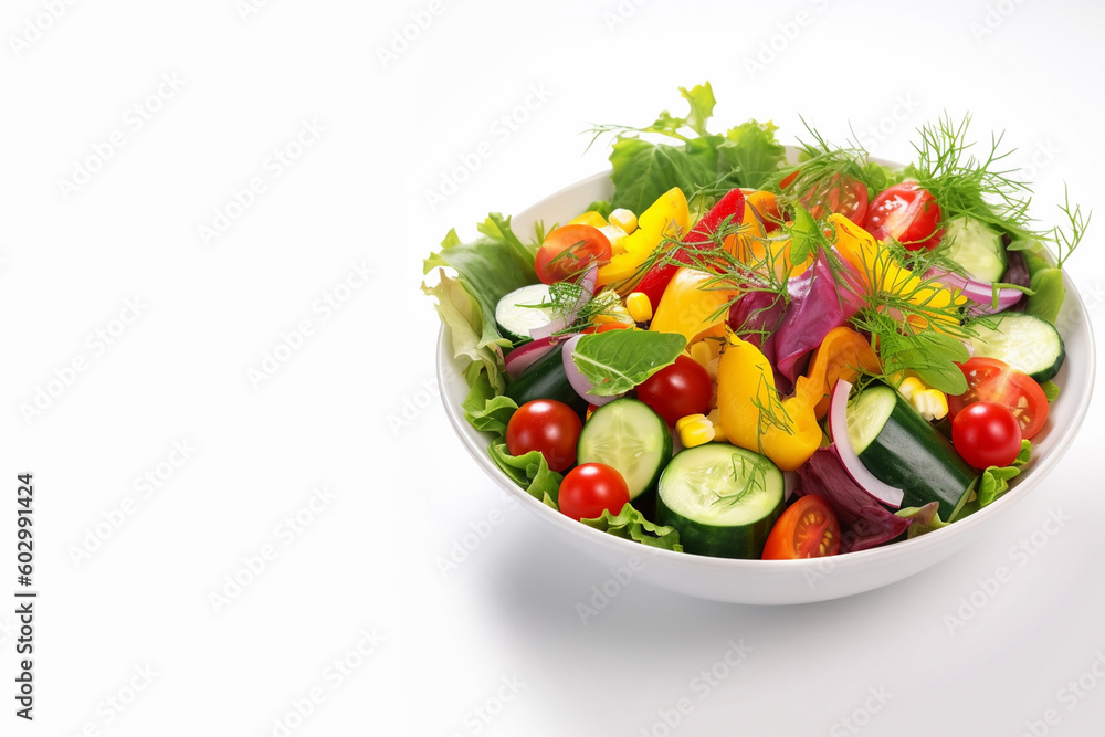 Summer vitamin salad of lettuce leaves, tomatoes, cucumbers, onions and yellow pepper on a white background, Generative AI, generative artificial intelligence
