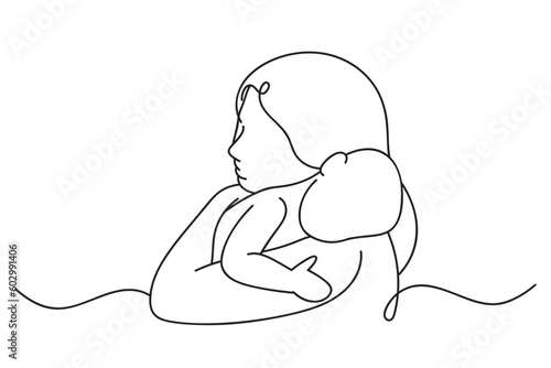 Continuous one line drawing of newborn baby sleeping on mother hands. Mother and baby line art style of vector illustration, Mothers Day Celebration and Maternity.