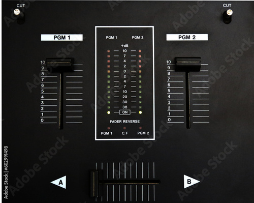 dj mixer with crossfader (detail closeup) analog music equipment, super macro, knobs and volume adjusters photo