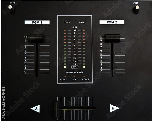 Photos dj mixer with crossfader (detail closeup) analog music equipment, super macro, k