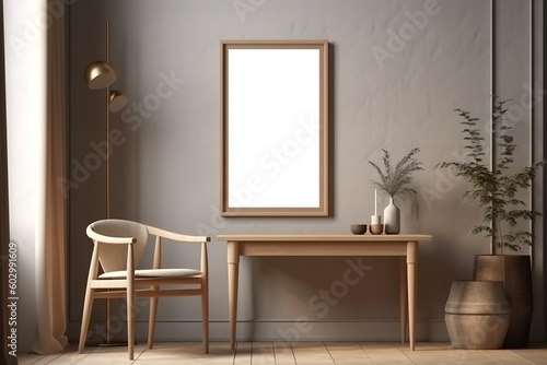 Blank wooden picture frame mockup on wall in modern interior. Vertical artwork template mock up for artwork  painting  photo or poster in interior design  AI generated art
