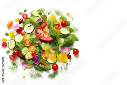 Summer vitamin salad of lettuce leaves, tomatoes, cucumbers, onions and yellow pepper on a white background, Generative AI, generative artificial intelligence © Marina