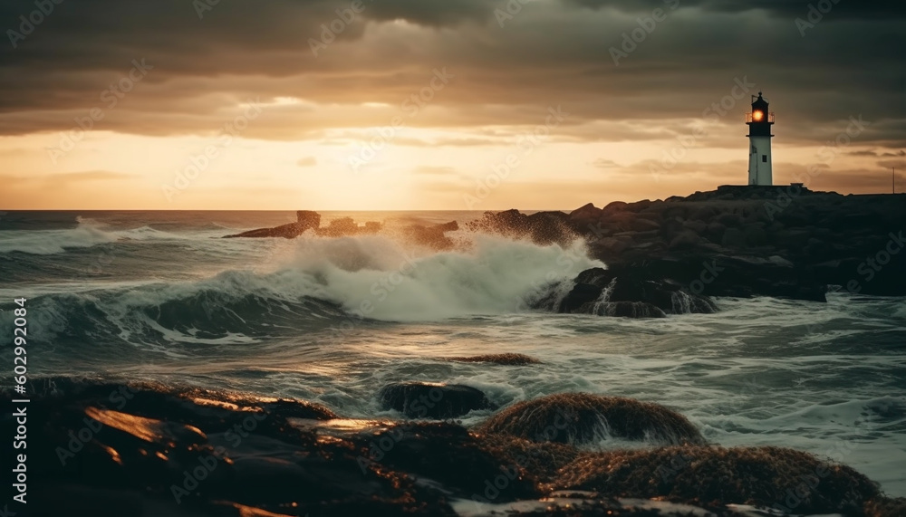 Sunset over the coastline, waves breaking on rocks generated by AI