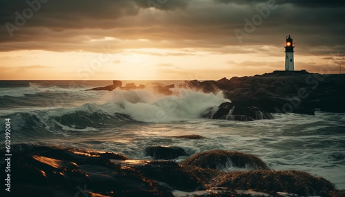 Sunset over the coastline, waves breaking on rocks generated by AI