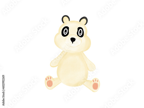 Cartoon panda, yellow, fat body, black ears, sitting and looking.on a white background.